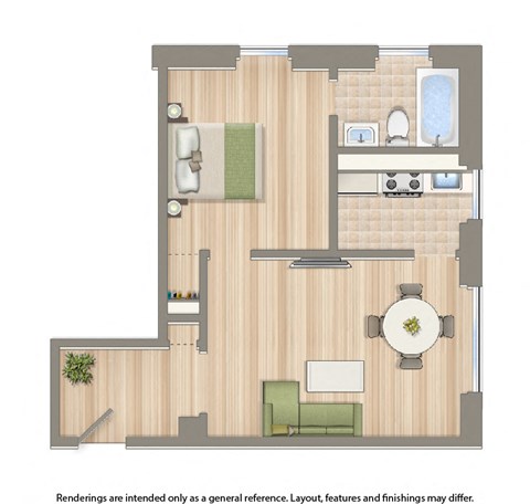 junior one bedroom floor plan rendering at the dahlia apartments in washington dc